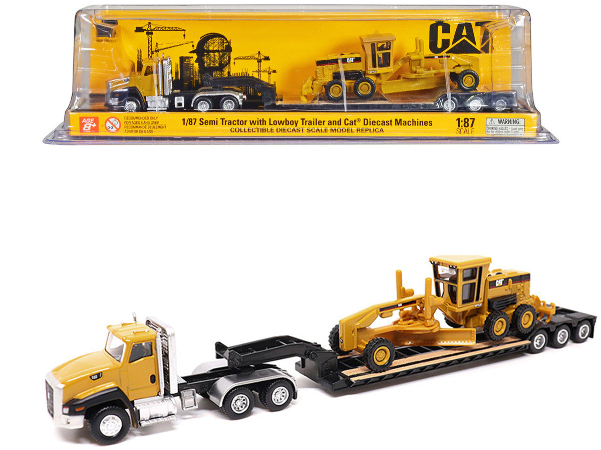 CAT Caterpillar CT660 Day Cab Tractor Yellow with Lowboy Trailer and CAT 163H Motor Grader Yellow 1/87 (HO) Diecast Model by Diecast Masters-2